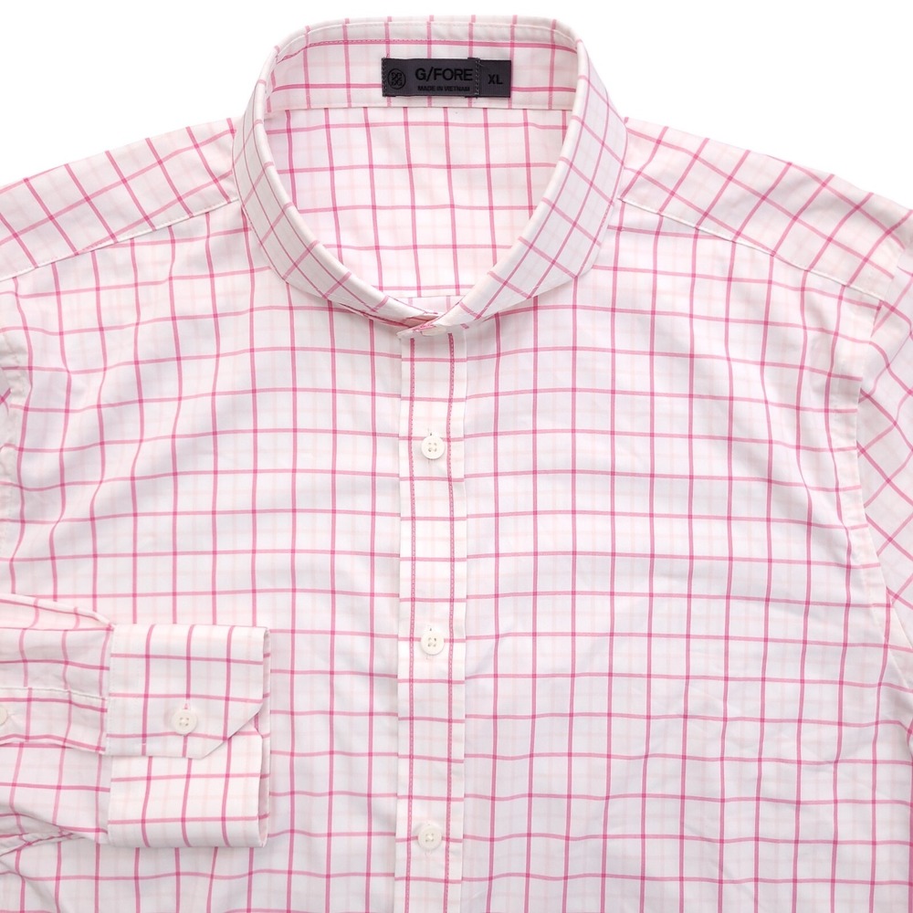 G Fore Shirt Mens XL Pink White Check Performance Golf Skull Crossbone Button Up